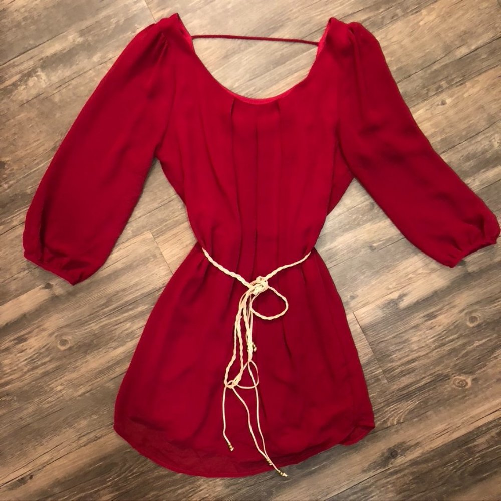 Crimson Belted Dress w/ Balloon Sleeves Size M